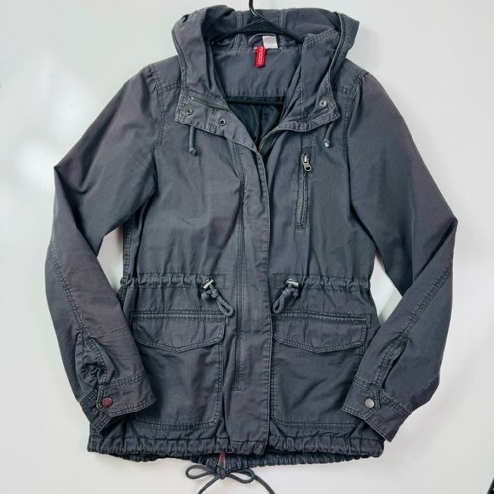 H&M Anorak Jacket Hooded‎ Utility Drawstring Gray Coat Women's Size S